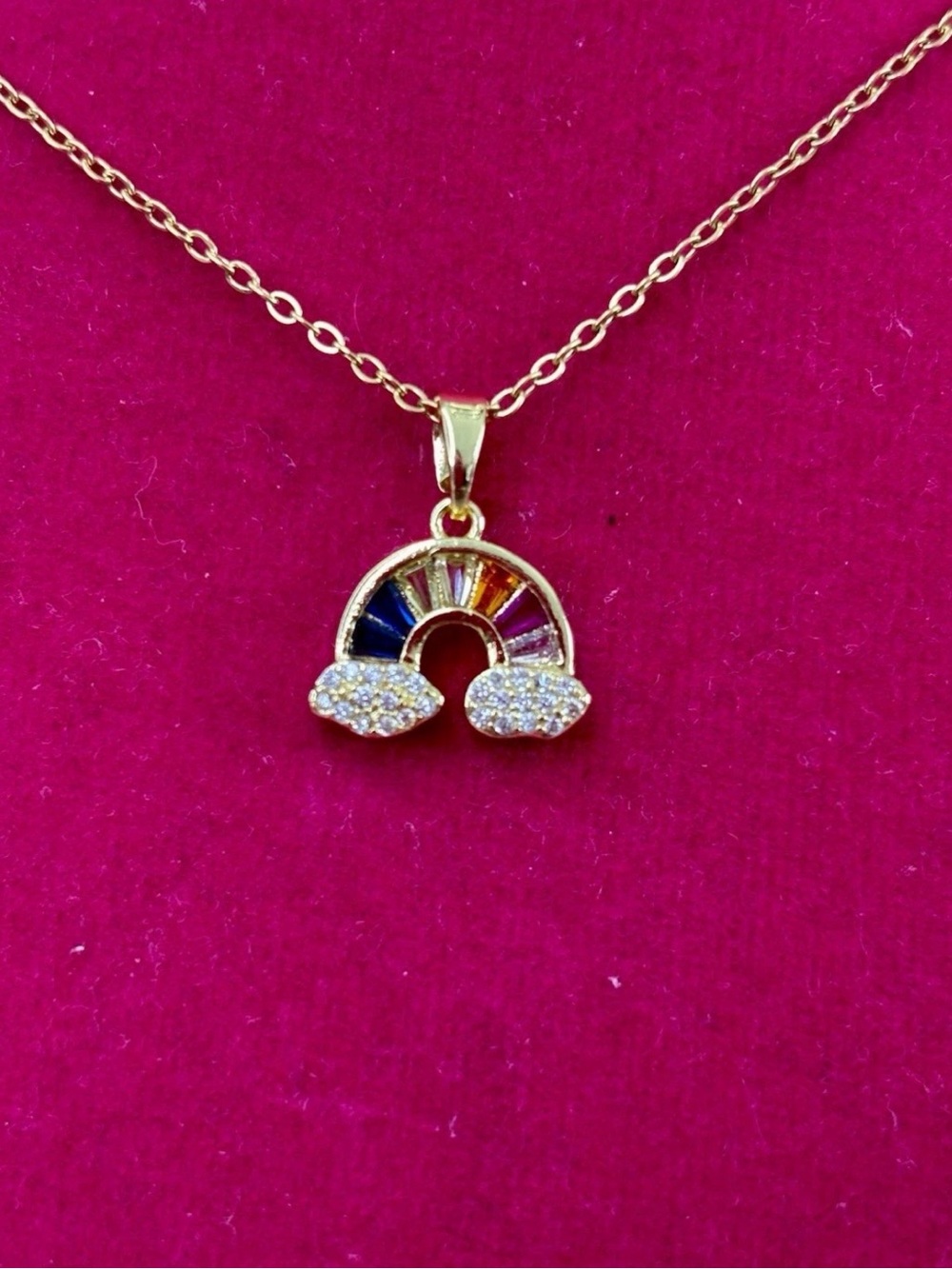 New Rainbow Pendant CZ Necklace with Multicolor Stones and Pave Cloud on 18”